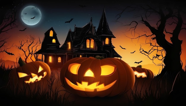 Telón de fondo para Halloween con calabazas Vieja casa embrujada en la noche espeluznante