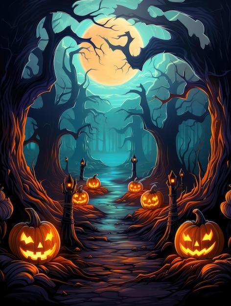 El telón de fondo de Halloween es brillante y colorido con calabazas talladas, risueñas y brillantes, al estilo de dibujos animados