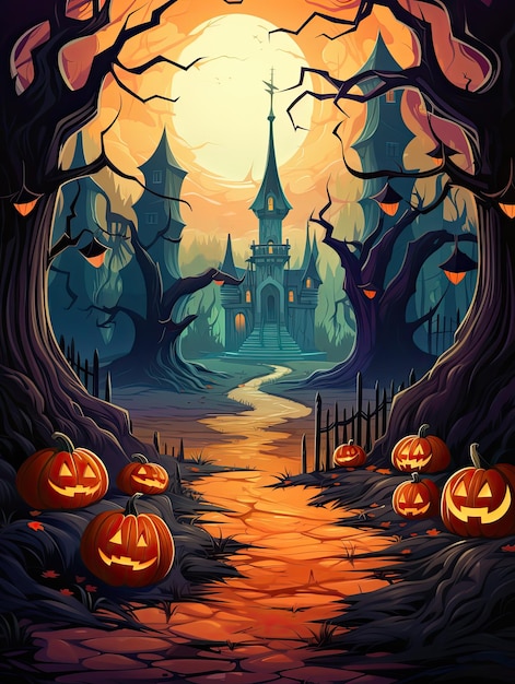 El telón de fondo de Halloween es brillante y colorido con calabazas talladas, risueñas y brillantes, al estilo de dibujos animados