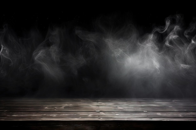 El telón de fondo de Halloween El humo y la niebla de la niebla en una mesa de madera crean un escenario abstracto y desenfocado