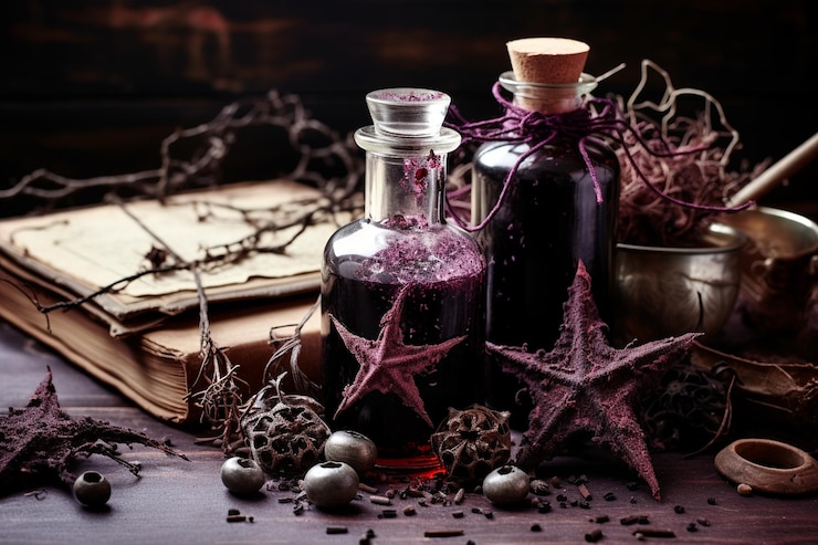 Foto el telón de fondo de halloween con pociones