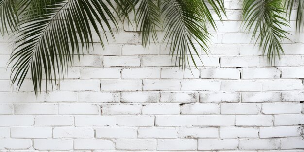 Foto el telón de fondo de la hoja de palma de coco contra una pared de ladrillo blanco