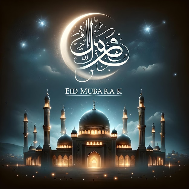 Un telón de fondo de luna y estrellas con un Eid Mubarak