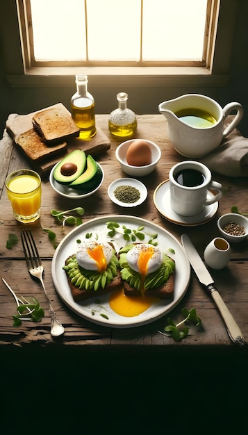 Un telón de fondo de madera muestra una tostada de aguacate con un huevo asado