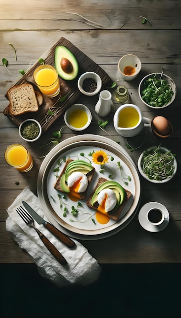 Un telón de fondo de madera muestra una tostada de aguacate con un huevo asado