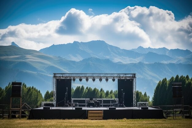 Telón de fondo de montaña con un pequeño escenario para un festival de música