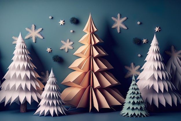 Telón de fondo de navidad con fondo de papel plano y un árbol de origami