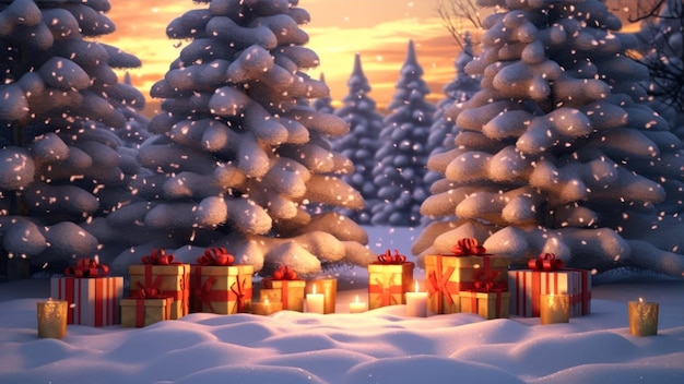 telón de fondo de Navidad con regalos y velas en la nieve