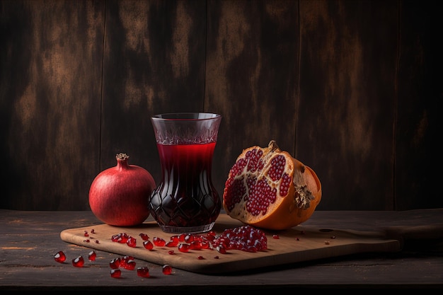 Telón de fondo oscuro con granada y jugo de granada en una tabla de madera