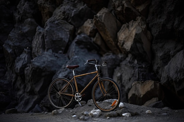Un telón de fondo oscuro rocoso con una bicicleta en el frente
