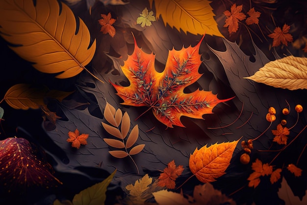 Telón de fondo de otoño con primeros planos de hojas de otoño en un bosque