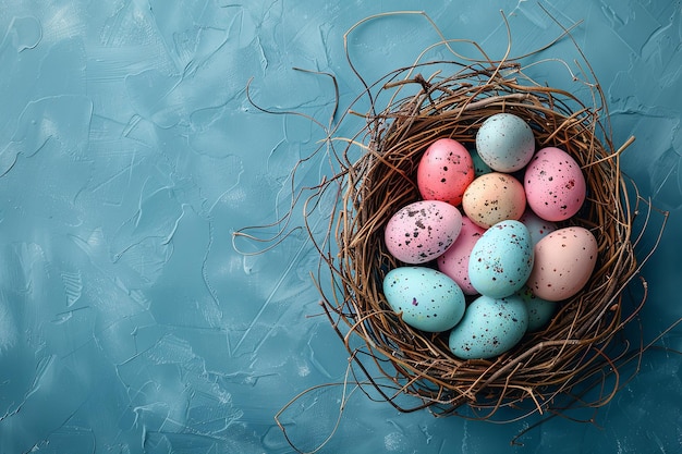 Foto telón de fondo de pascua con huevos en un nido de pájaros sobre un fondo azul con mucho espacio para publicidad ia generativa