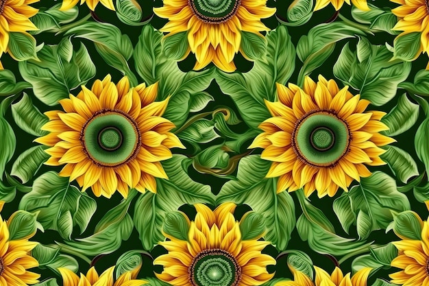 Foto un telón de fondo perfecto para el verano con girasoles de hoja verde en plena floración ia generativa