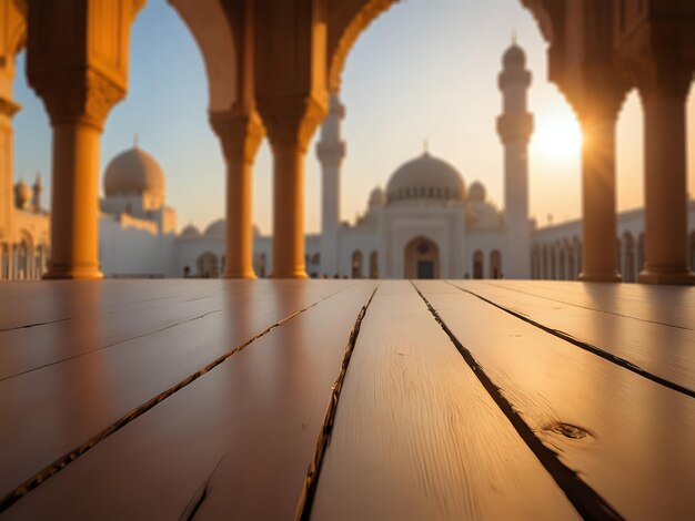 Un telón de fondo de piso de madera con una mezquita serena en el fondo imágenes islámicas Copy Space