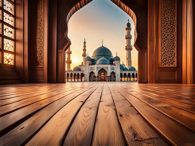 Un telón de fondo de piso de madera con una mezquita serena en el fondo imágenes islámicas Copy Space
