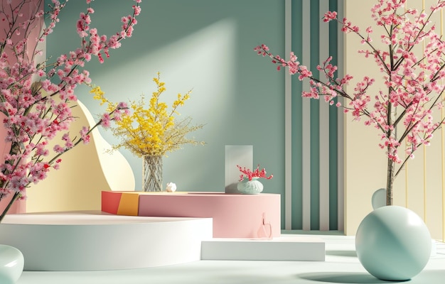 El telón de fondo del podio de belleza natural con la primavera sakura flor de cerezo escena del paisaje floral de primavera