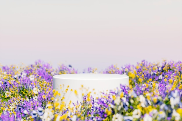 Telón de fondo de podio de belleza natural con representación 3d de la escena del campo de flores de primavera