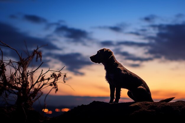 El telón de fondo de la puesta de sol pinta una silueta serena de un perro leal