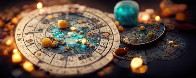 Telón de fondo de símbolos sagrados del zodiaco astrología alquimia magia hechicería y adivinación pintura digital generada por IA