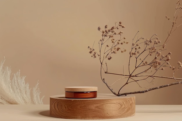 telón de fondo simple para productos de belleza soportes de madera flores secas ramas de árboles