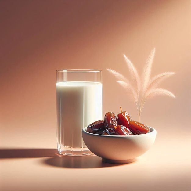 Telón de fondo simplista con leche en 3D y dátiles que representan el rompimiento del ayuno de Ramadán