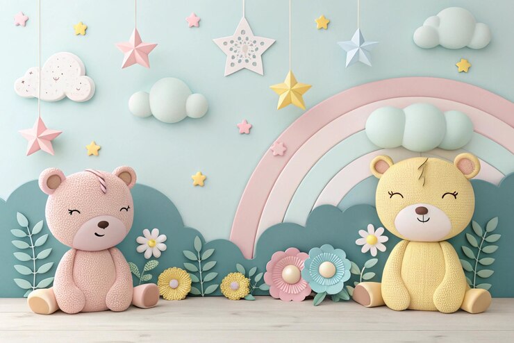 Telón de fondo temático para bebés con osos de peluche pastel colgando nubes y estrellas delicadas peluche