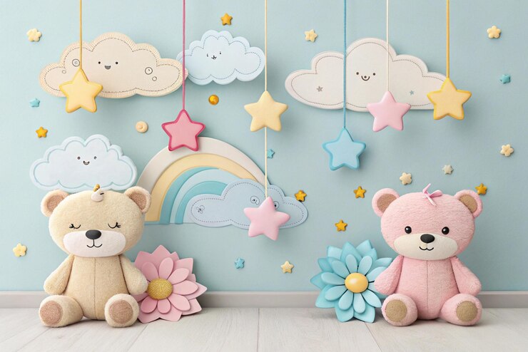 Telón de fondo temático para bebés con osos de peluche pastel colgando nubes y estrellas delicadas peluche