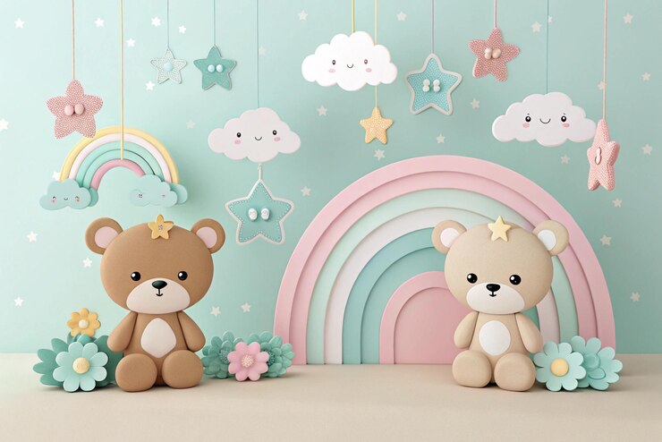 Telón de fondo temático para bebés con osos de peluche pastel colgando nubes y estrellas delicadas peluche