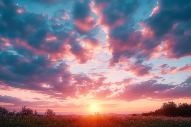 El telón de fondo temperamental el cielo vibrante de la puesta de sol sobre el paisaje idílico.