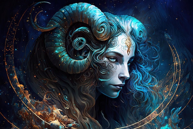 Telón de fondo del zodiaco sagrado Aries símbolos astrología alquimia magia hechicería y adivinación generativa AI pintura digital Signo del zodiaco Aries en el cielo estrellado de cerca