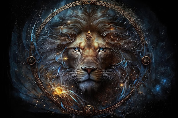 Telón de fondo del zodíaco sagrado Leo símbolos astrología alquimia magia hechicería y adivinación generativa AI pintura digital Signo del zodíaco Leo en el cielo estrellado de cerca