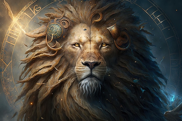 Telón de fondo del zodíaco sagrado Leo símbolos astrología alquimia magia hechicería y adivinación generativa AI pintura digital Signo del zodíaco Leo en el cielo estrellado de cerca