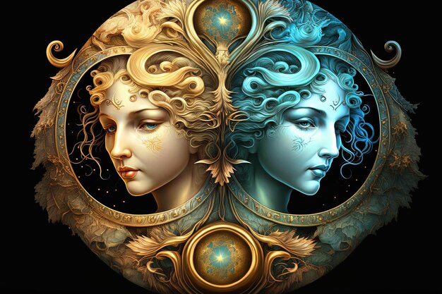 Telón de fondo del zodiaco sagrado Símbolos de Géminis astrología alquimia magia hechicería y adivinación generativa AI pintura digital Signo del zodiaco Géminis en el cielo estrellado de cerca