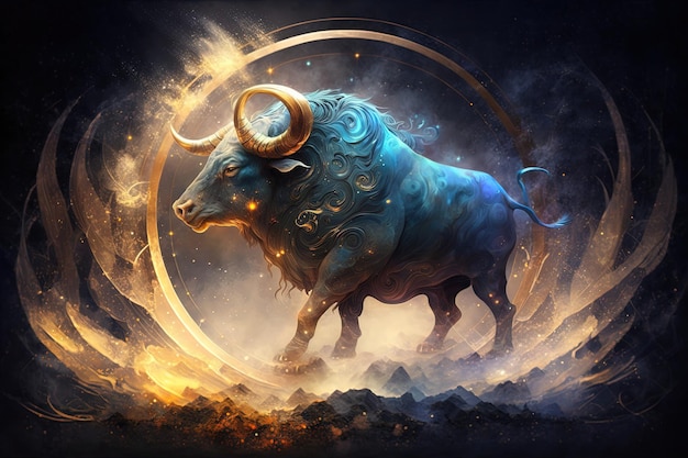 Telón de fondo del zodiaco sagrado Tauro símbolos astrología alquimia magia hechicería y adivinación generativa AI pintura digital Signo del zodiaco Tauro en el cielo estrellado de cerca