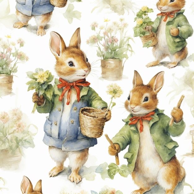 tem muitas fotos de um coelho com uma cesta de flores ai generativa