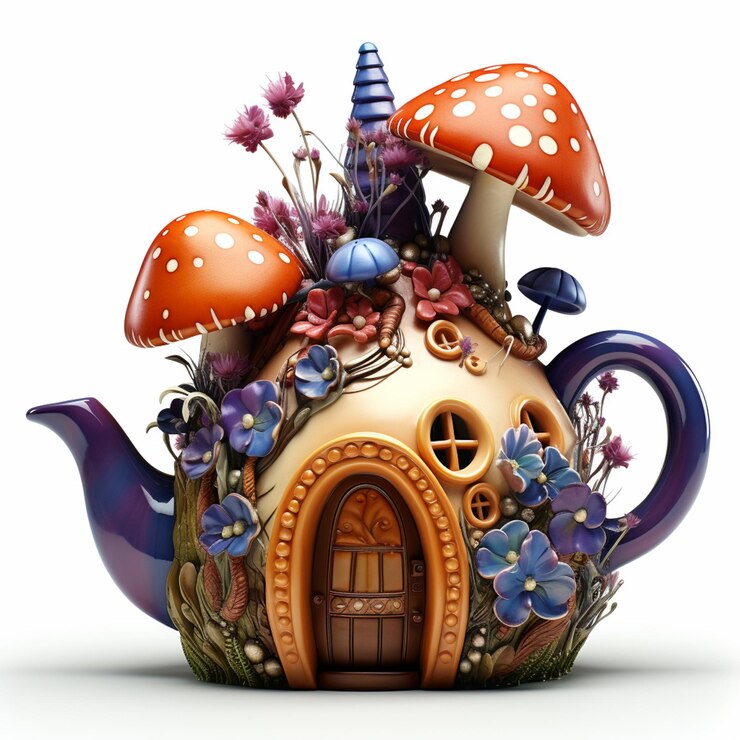 Foto tem um bule com uma casa feita de cogumelos e flores generativas ai