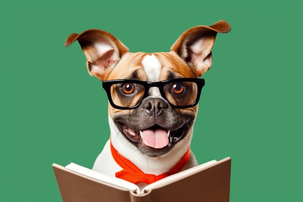 tem um cachorro de óculos e gravata borboleta vermelha lendo um livro generativo ai