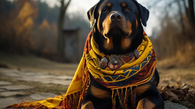 tem um cachorro que está sentado no chão usando um lenço generativo ai