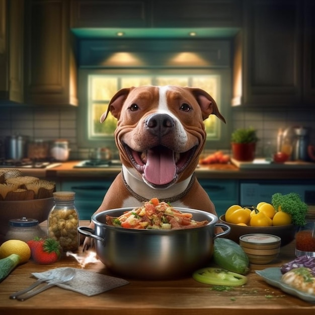 tem um cachorro sentado em uma mesa com um pote de comida generativa ai