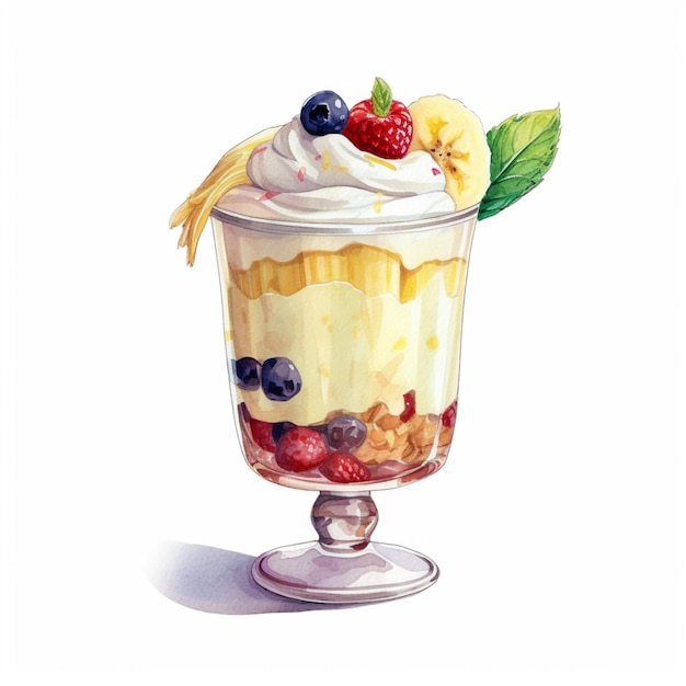 tem um copo de sobremesa de frutas com chantilly e frutas generativas ai