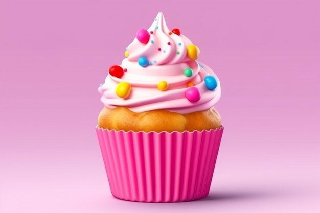 tem um cupcake com cobertura rosa e granulado por cima ai generativo