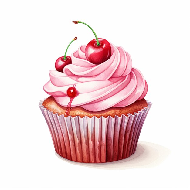 Foto tem um cupcake com cobertura rosa e uma cereja no topo ai generativo