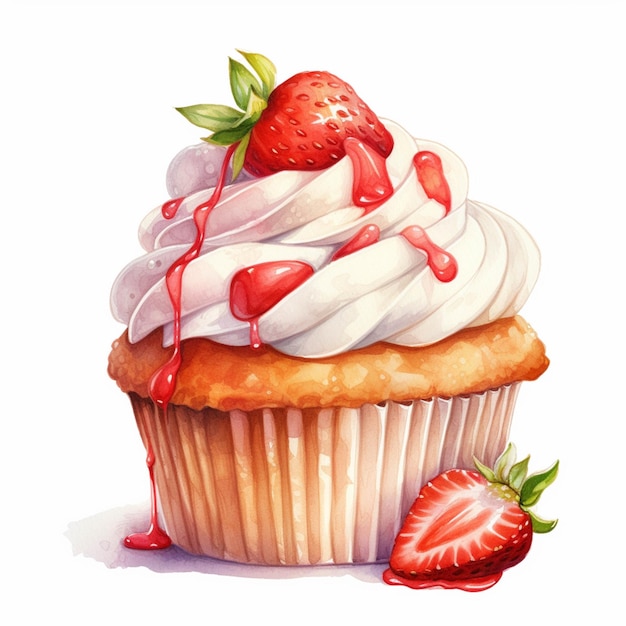 Tem um cupcake com um morango em cima e um morango do lado generativo ai