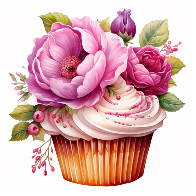 tem um cupcake com uma flor em cima ai generativo