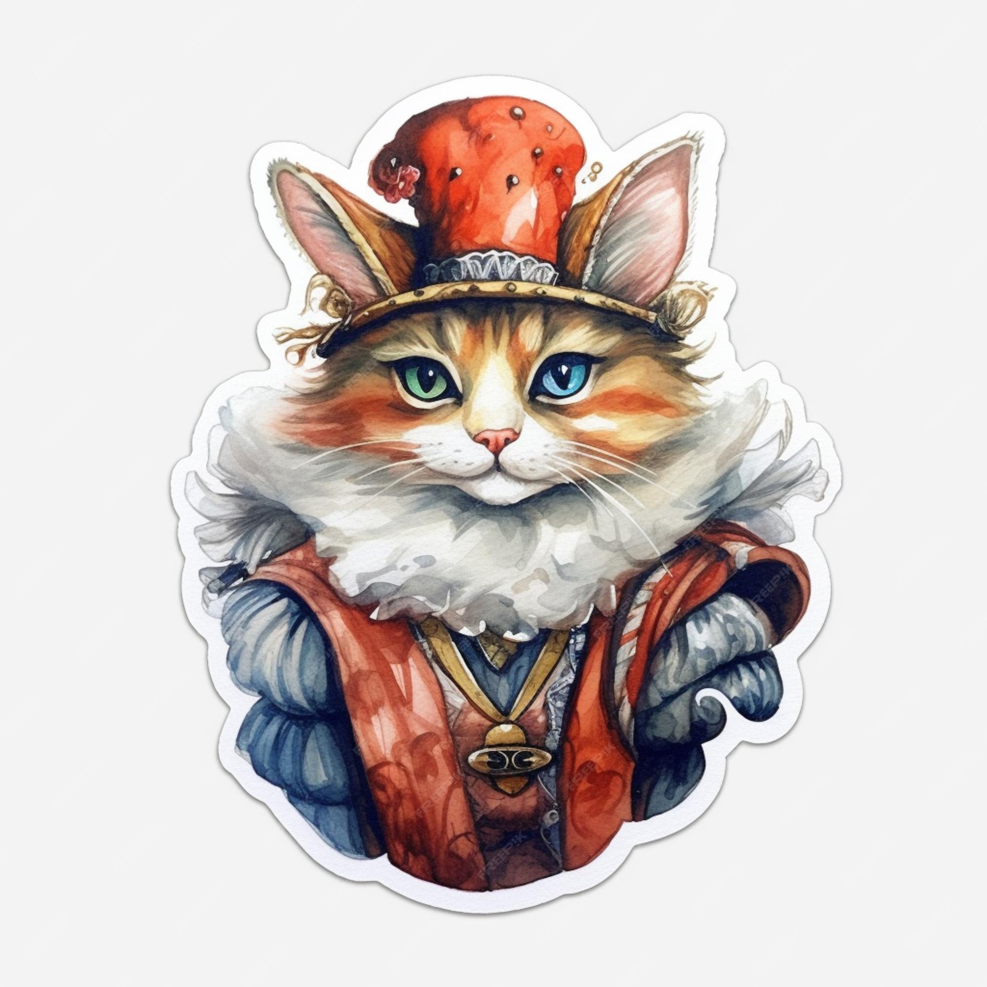 Um gato de desenho animado com um vestido laranja e um chapéu que diz o  nome do gato.