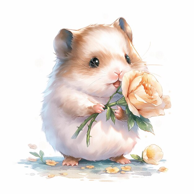 Tem um hamster que está segurando uma flor na boca generativa ai