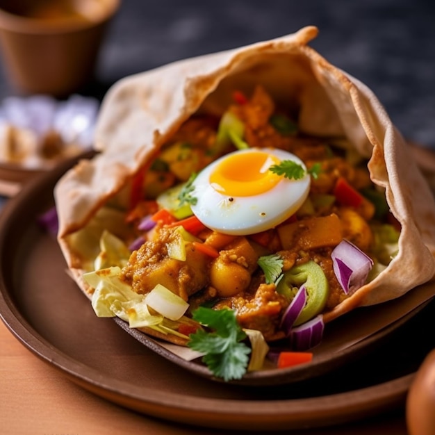 tem um prato com pão pita recheado com ovo frito gerativo ai