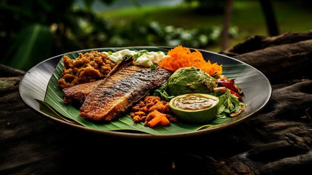 Foto tem um prato de comida que inclui carne generativa ai