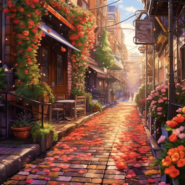 Tem um quadro de uma rua com flores do lado generativo ai