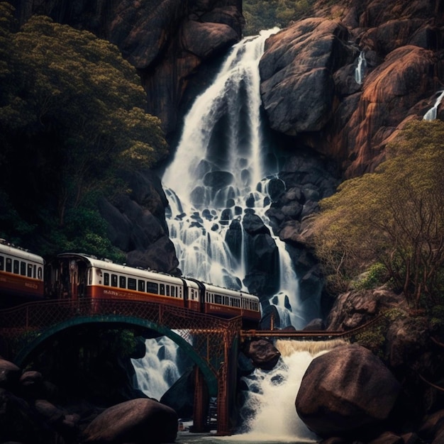 Tem um trem que esta passando por cima de uma ponte perto de uma cachoeira generativa ai